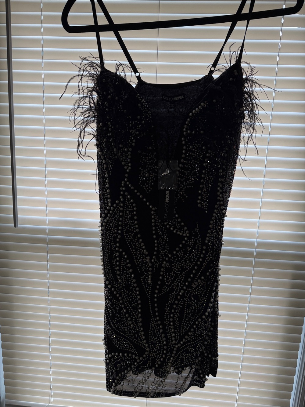 Fashion Nova Black Beaded Feather-Trim Mini Dress
